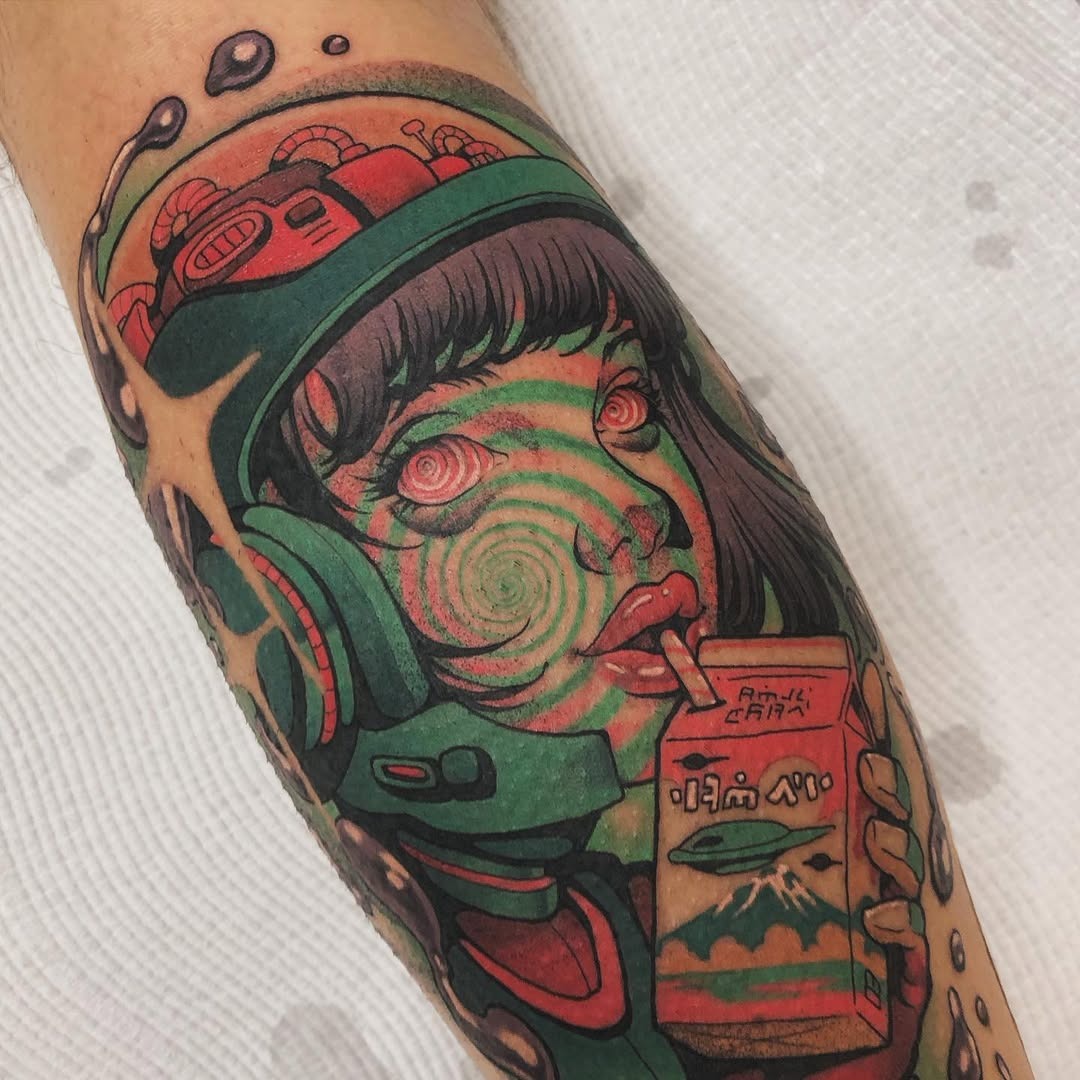 Bold astronaut girl tattoo with cosmic elements Tattoo Design