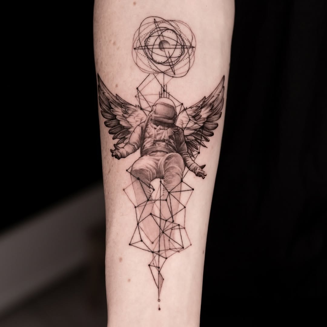 Ethereal astronaut with angelic wings design Tattoo Design
