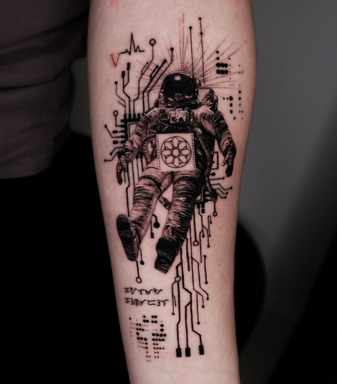 Futuristic Astronaut Tattoo with Circuit Elements Tattoo Design