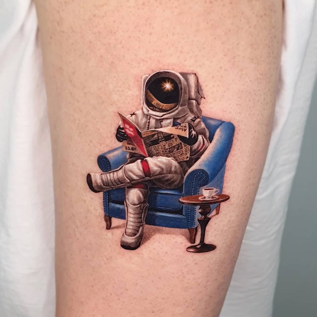 Quirky astronaut relaxing in a cozy chair Tattoo Design