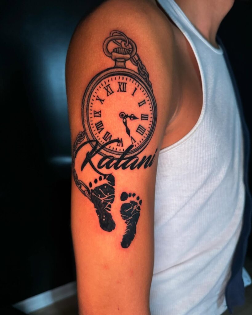 Baby Footprints with Pocket Watch and Inspirational Quote Tattoo Tattoo Design