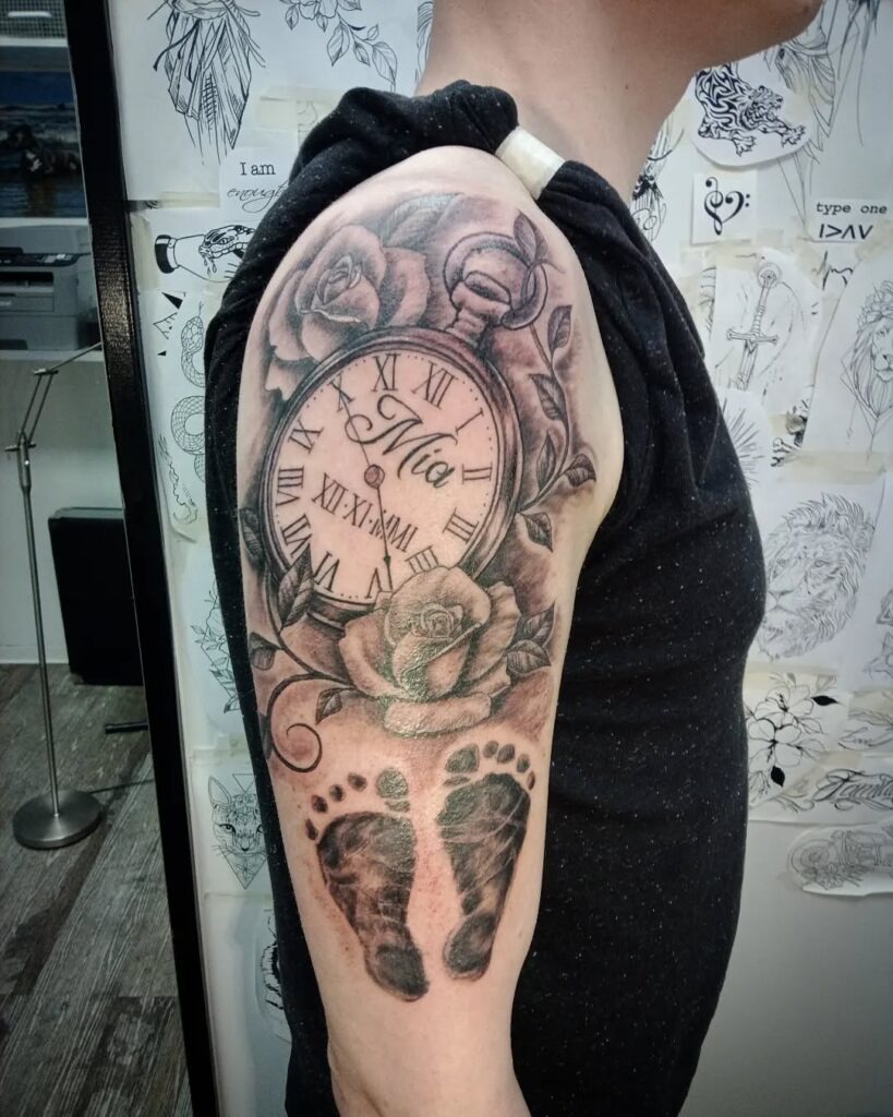 Baby Footprints with Pocket Watch and Name Tattoo Tattoo Design