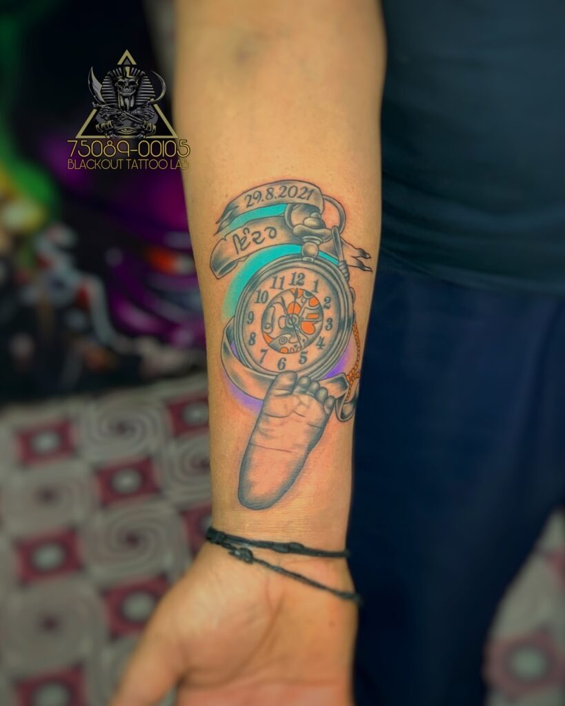Baby Footprints With Pocket Watch and Roses Tattoo Tattoo Design
