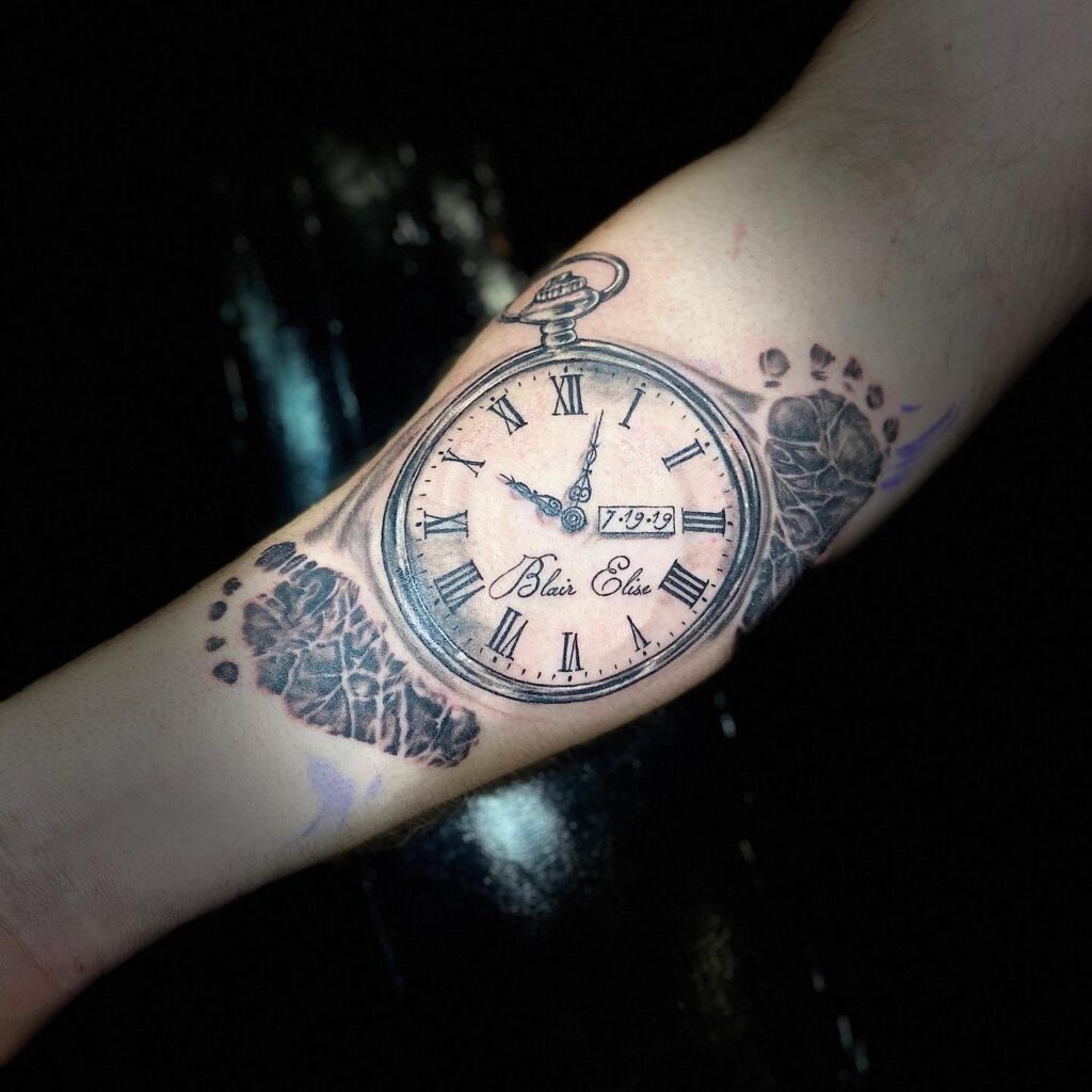Baby Footprints with Pocket Watch and Roses Tattoo Tattoo Design