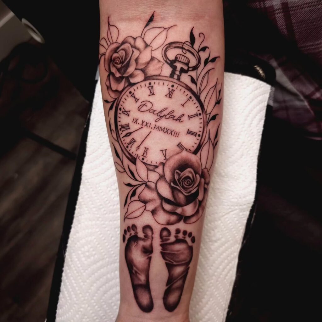 Baby Footprints with Roses and Pocket Watch Tattoo Tattoo Design