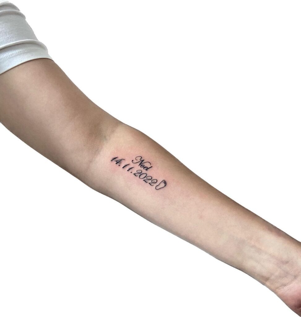 Minimalistic Baby Footprint Tattoo with Name and Date Tattoo Design