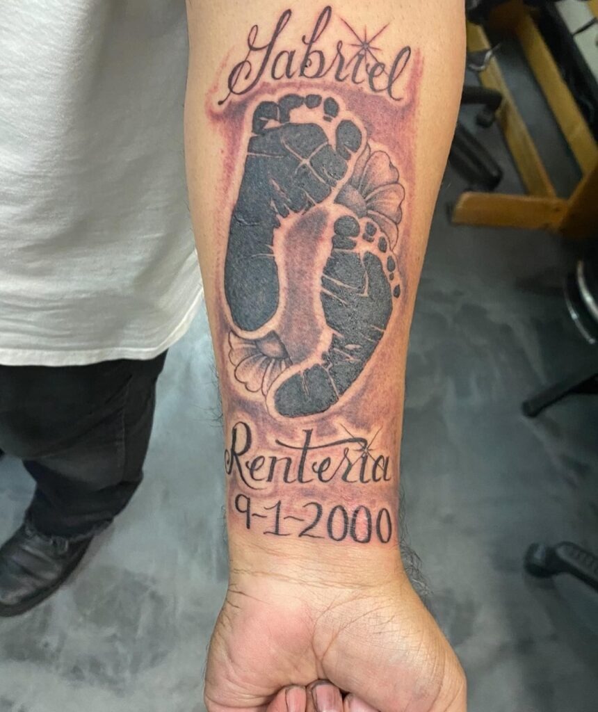Multiple Baby Footprints with Names Tattoo Tattoo Design