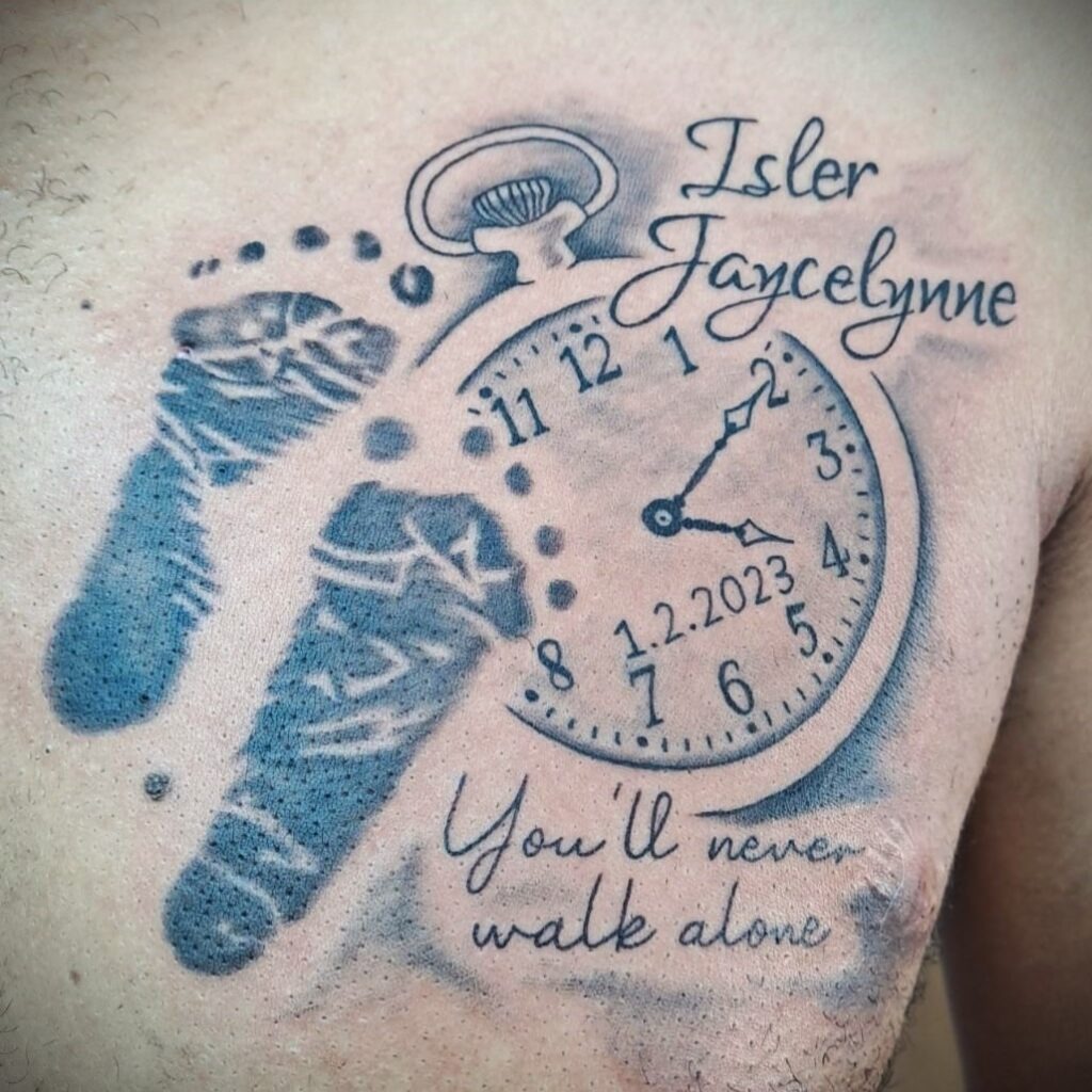 Personalized Pocket Watch and Baby Footprint Tattoo Tattoo Design