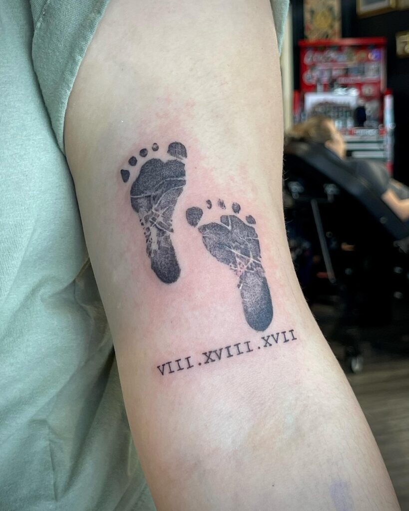 Sibling Baby Footprints with Names and Date Tattoo Tattoo Design