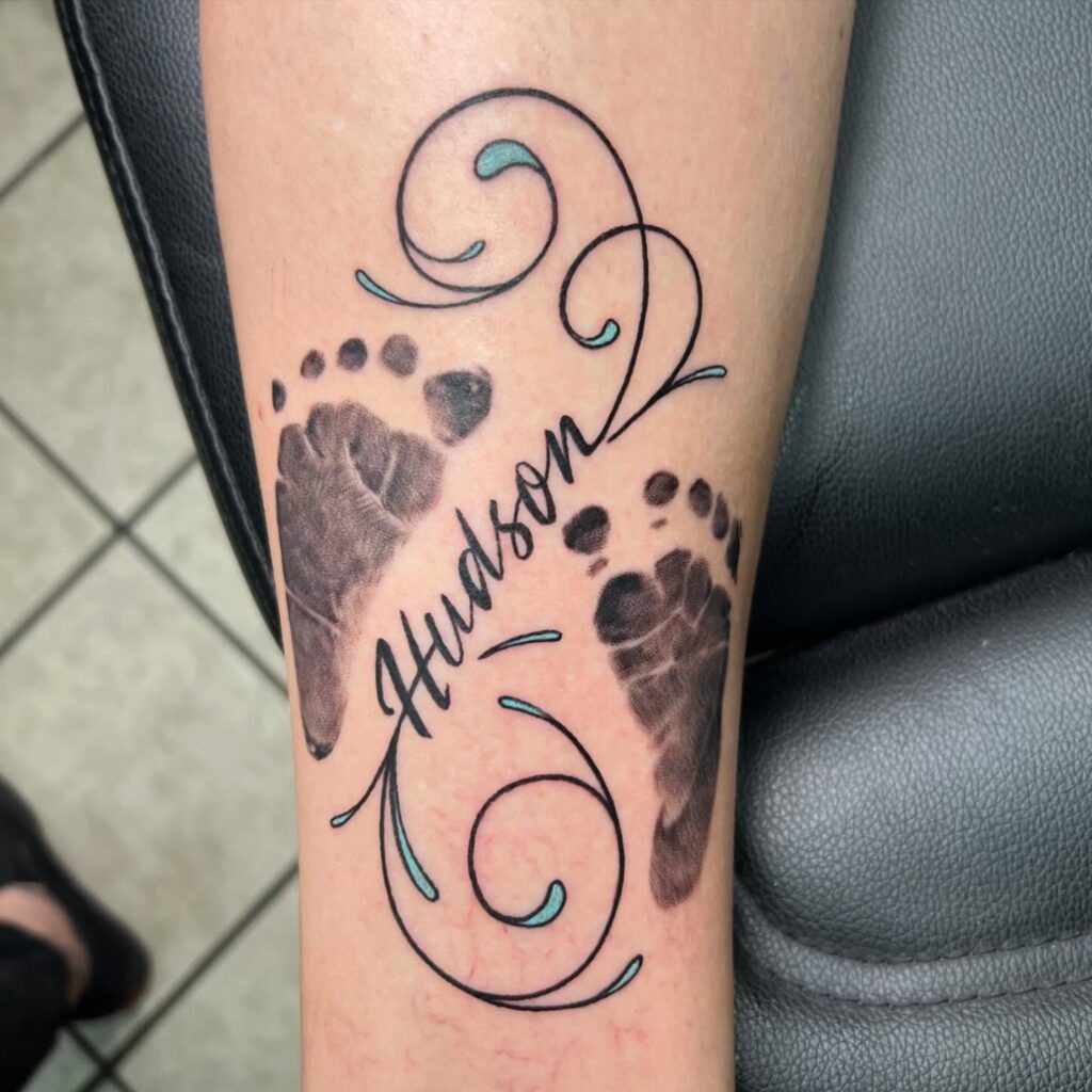 Single Baby Footprint with Name and Date Tattoo Tattoo Design