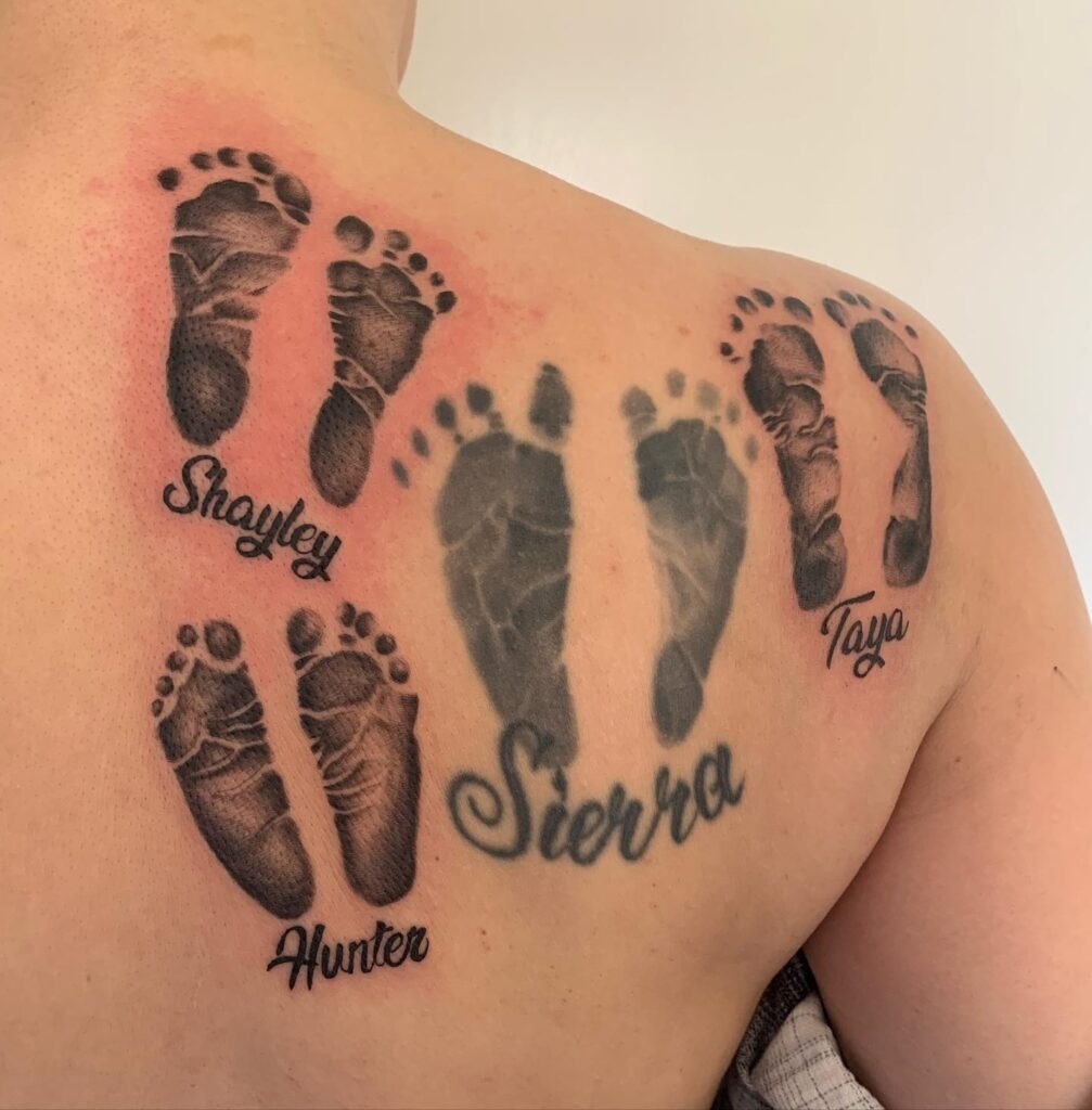 Twin Baby Footprints with Name and Date Tattoo Tattoo Design