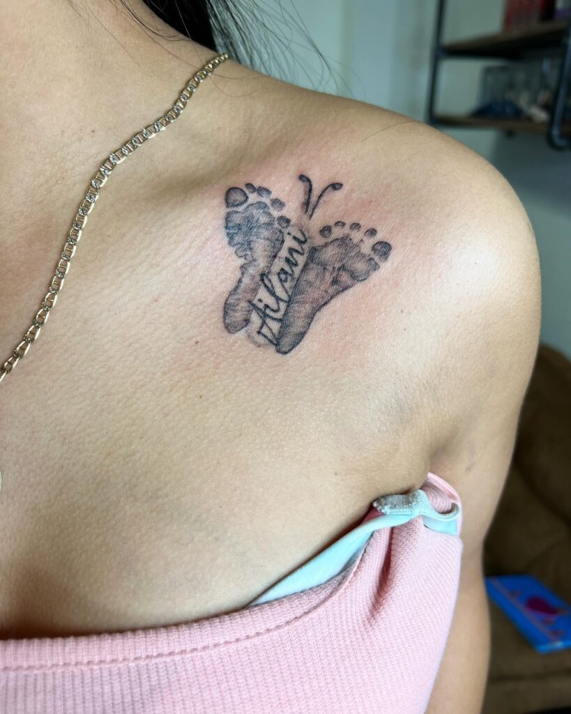 Vibrant Pocket Watch and Baby Footprint Tattoo Tattoo Design