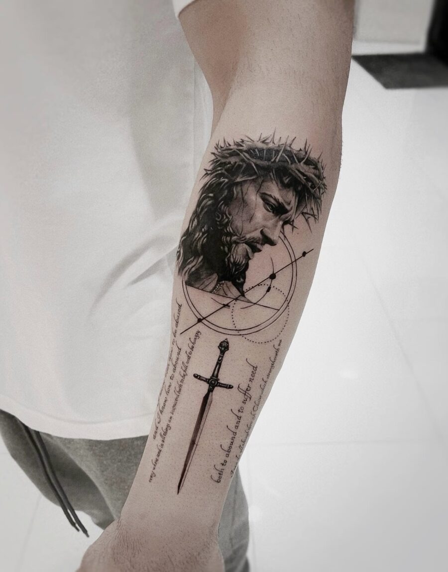 Intricate biblical designs adorn both legs Tattoo Design