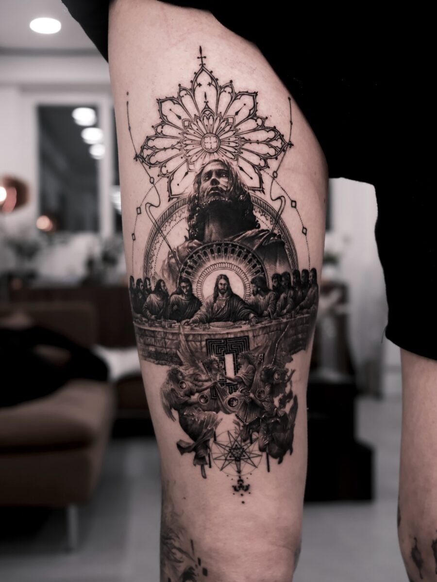 Intricate blackwork tattoo with spiritual symbolism Tattoo Design