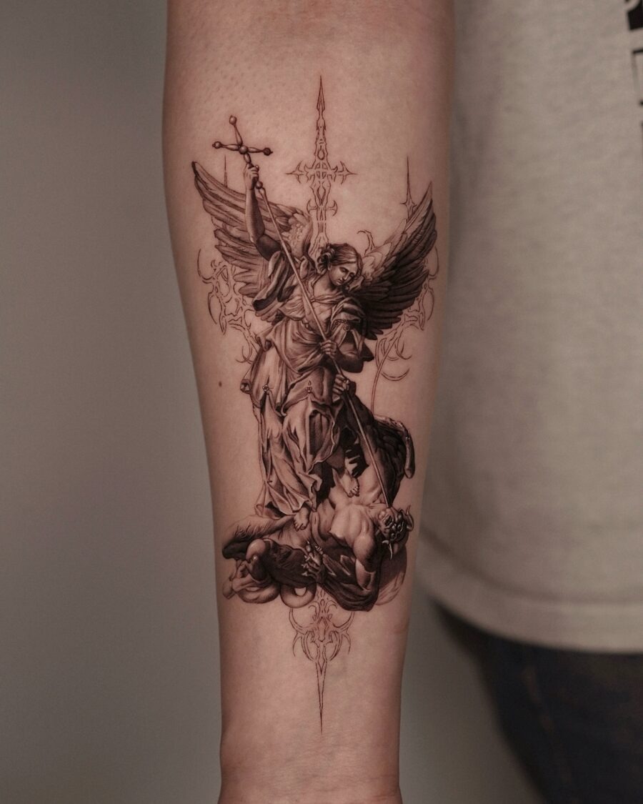 Intricate Cross Design with Biblical Inscription Tattoo Design