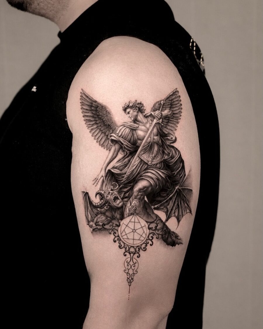 Intricate Cross Tattoo with Religious Symbolism Tattoo Design