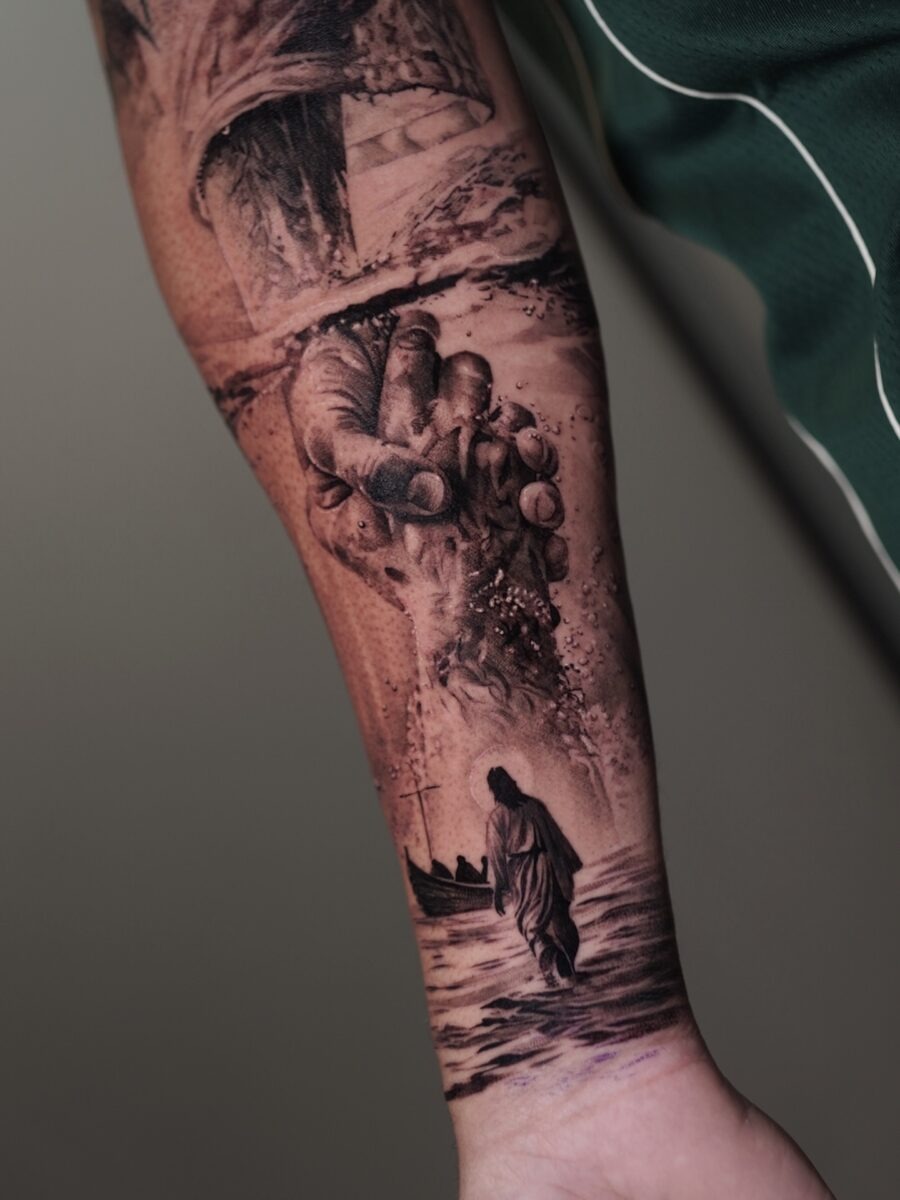 Intricate portrayal of Jesus in black and gray Tattoo Design
