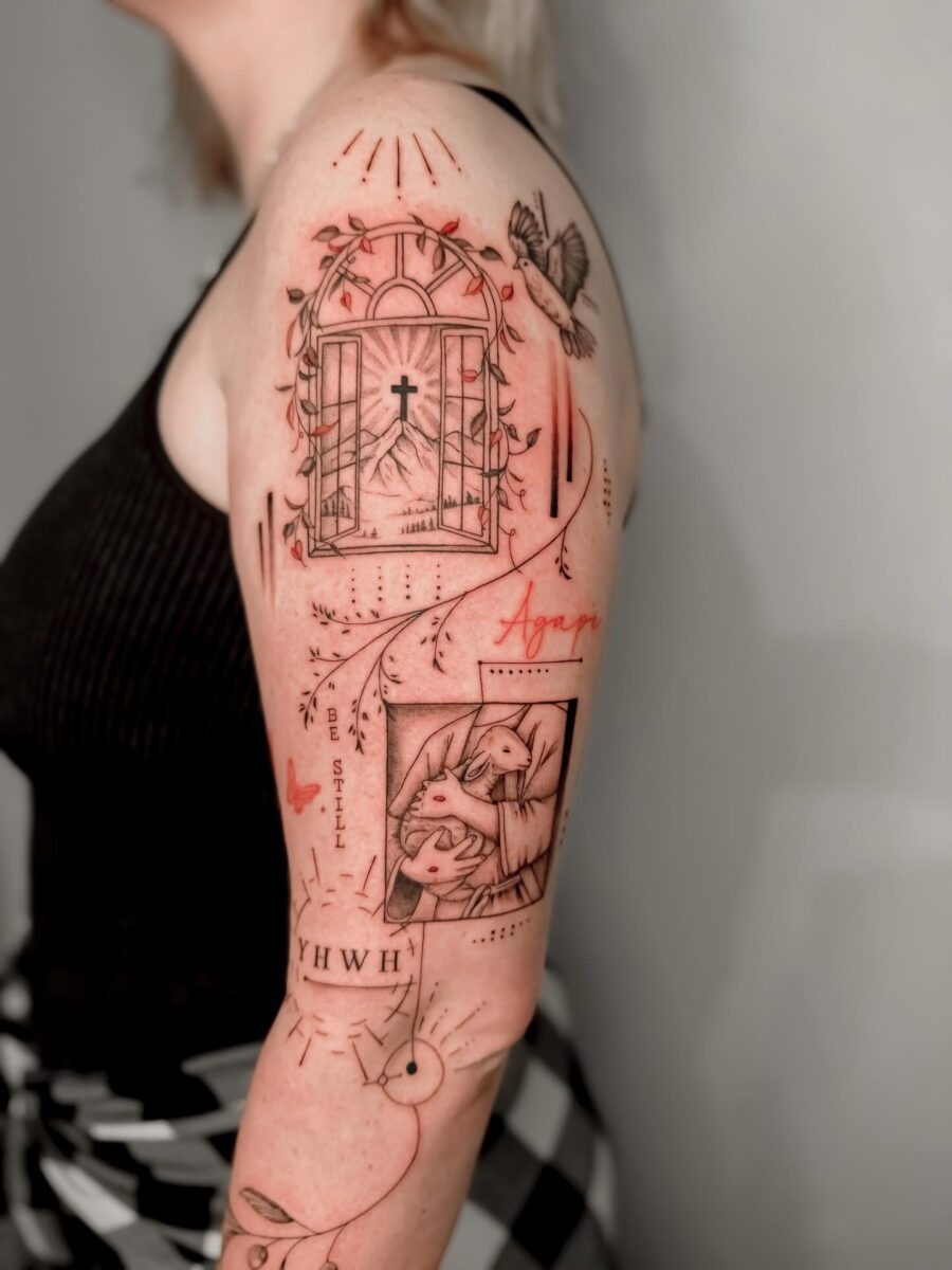 Intricate tattoo of Christ and religious motifs Tattoo Design