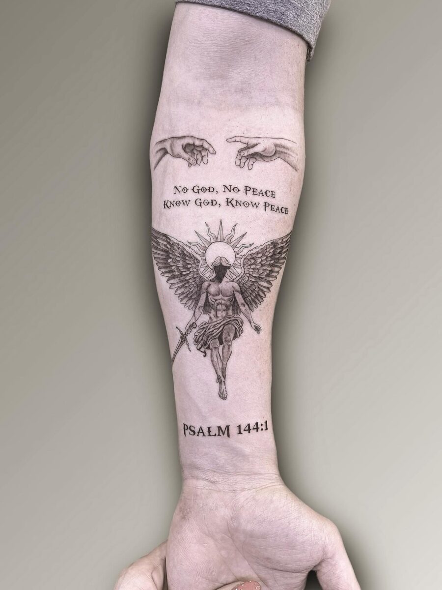 Majestic angel warrior tattoo with intricate details Tattoo Design