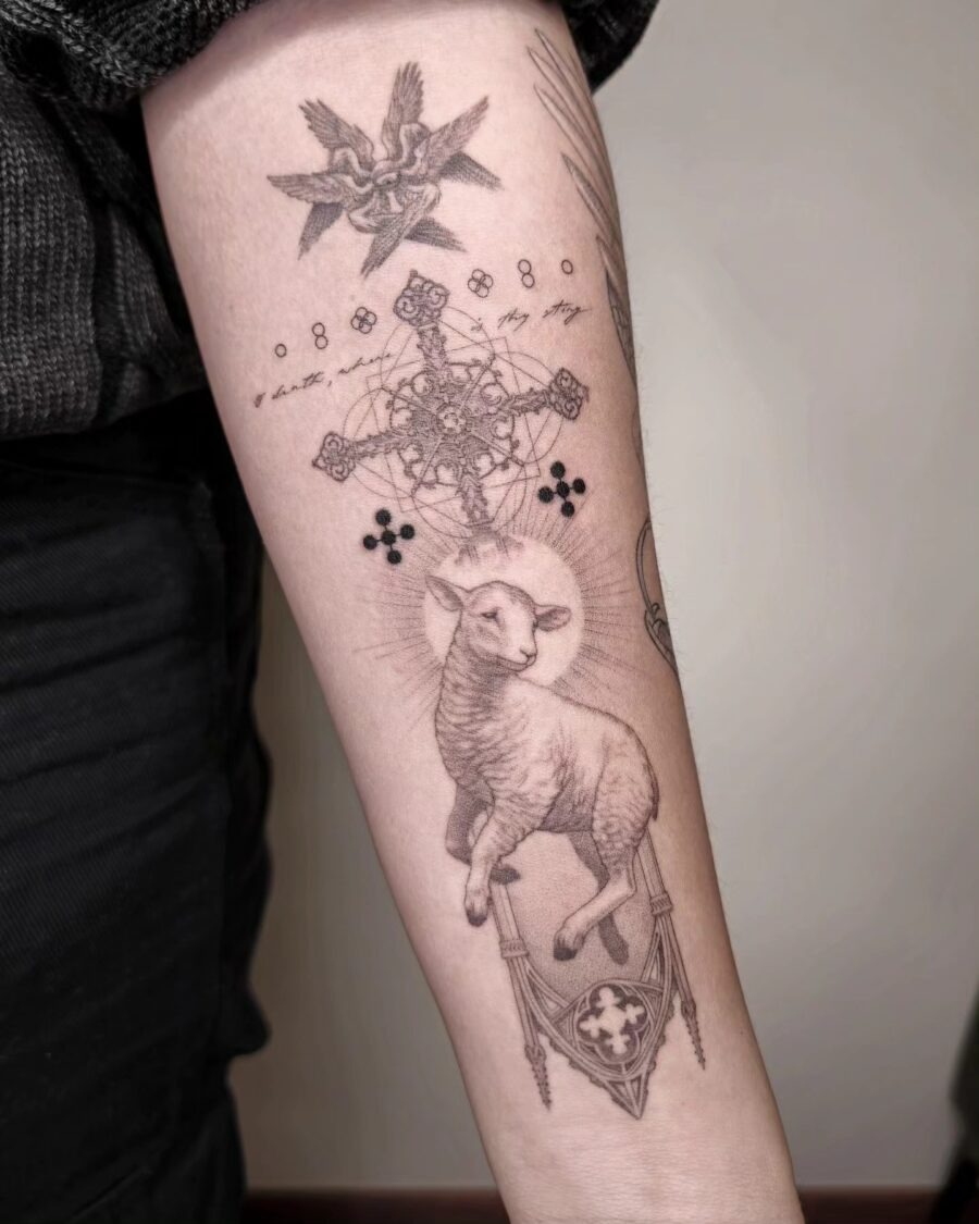 Mysterious bird tattoo with watchful eyes Tattoo Design