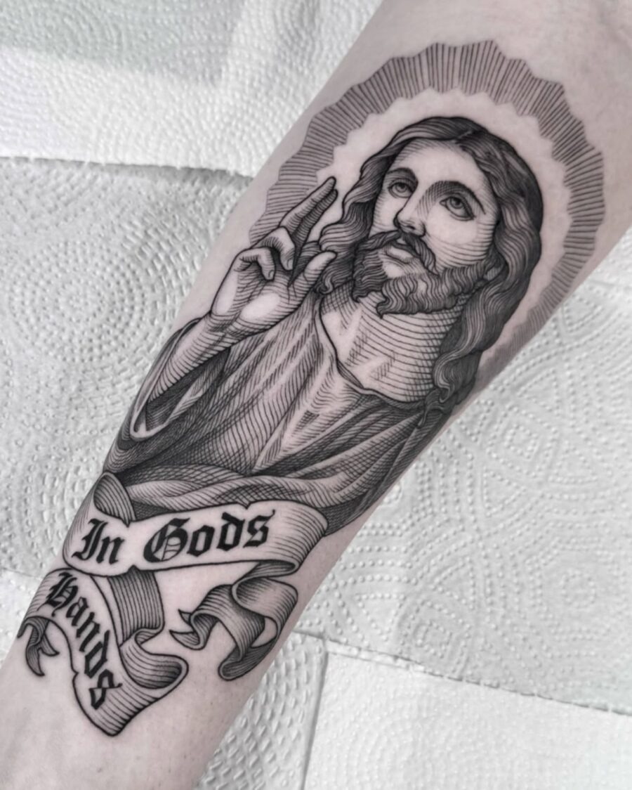 Stunning angelic tattoo with celestial elements Tattoo Design