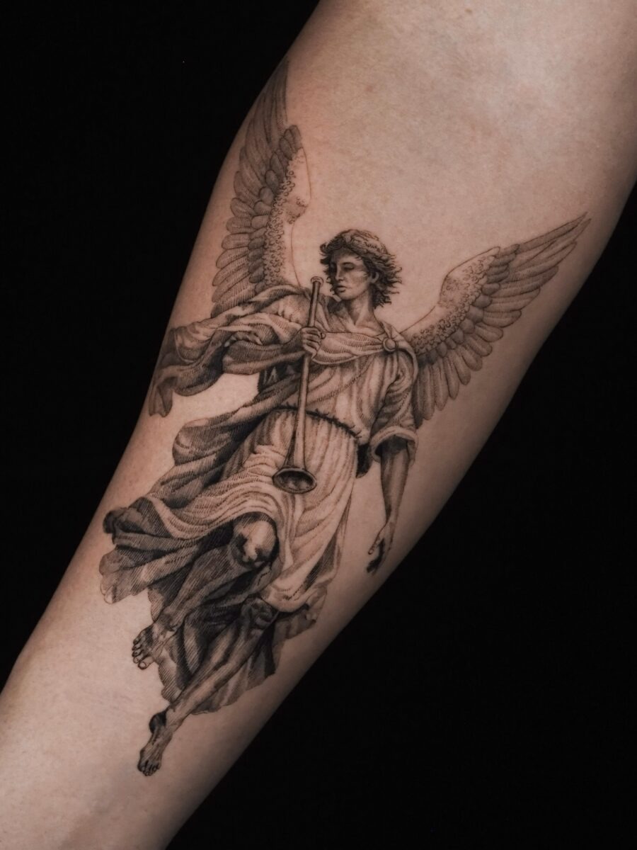 Stunning Cross Tattoo with Prayer Script Tattoo Design