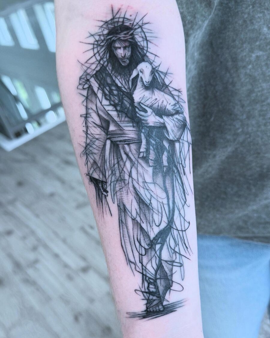 Stunning Jesus Leg Tattoo with Symbolism Tattoo Design