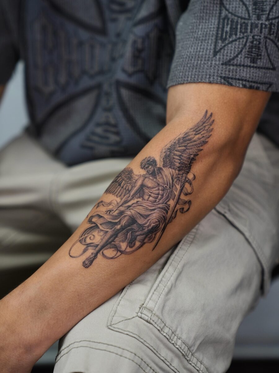 Stunning sword and floral biblical tattoo design Tattoo Design