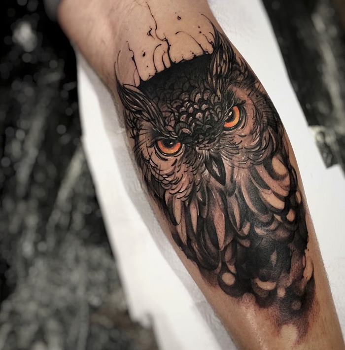 Black Owl with Yellow EyesForearm Tattoo Tattoo Design
