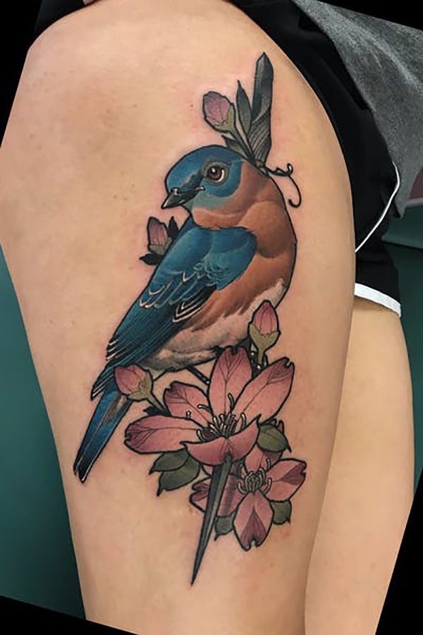 Blue Bird on PurpleFlower Tattoo Tattoo Design