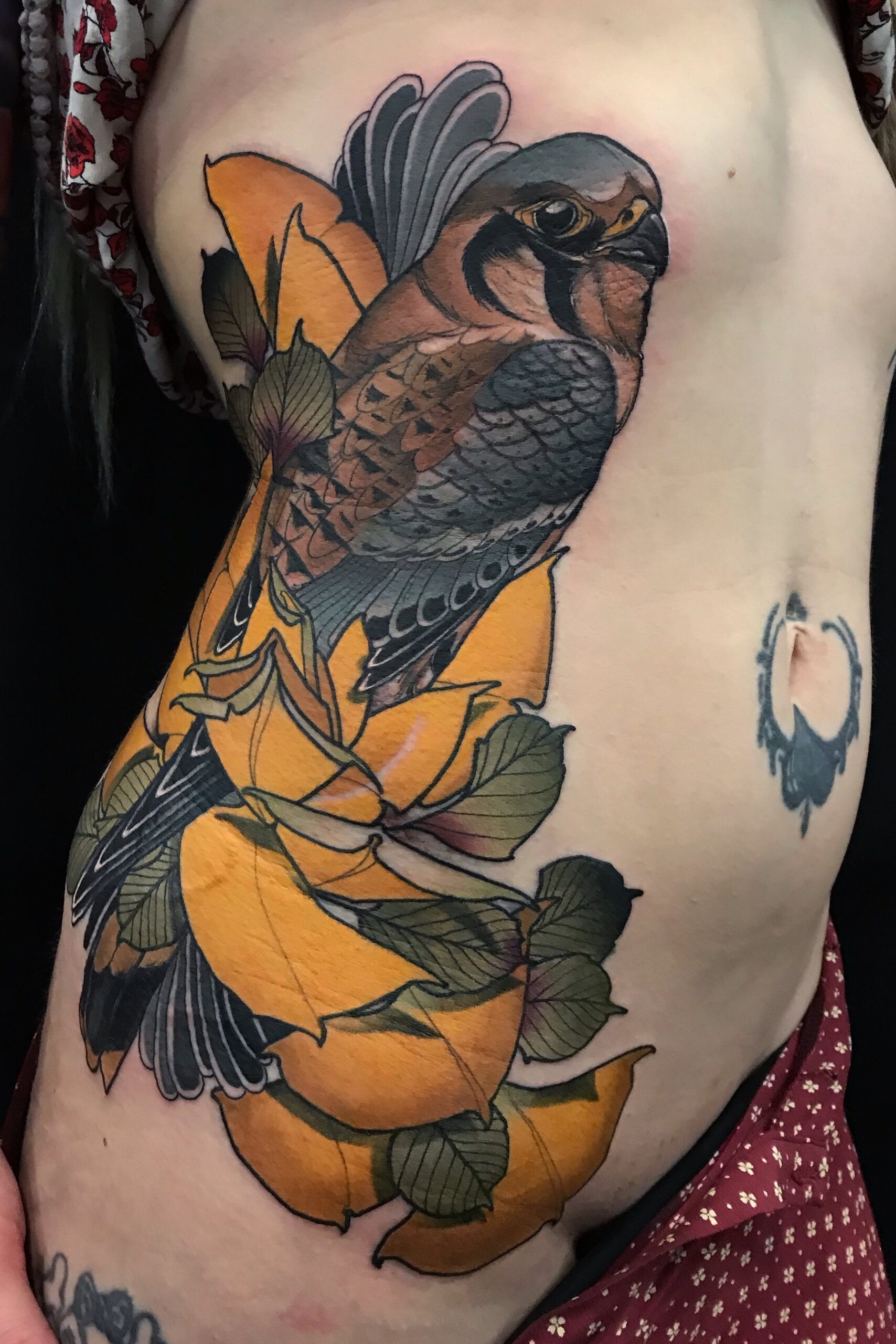 Blue Bird with Gold Flowers Side Tattoo Tattoo Design