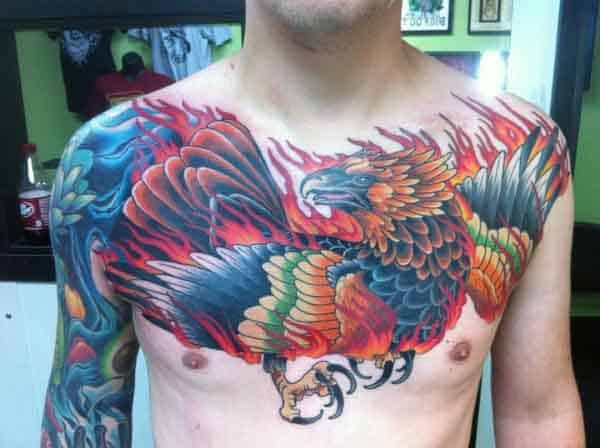Boldly Colored Phoenix Chest and Shoulder Tattoo Tattoo Design
