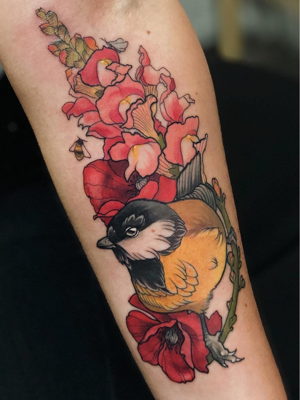 Colorful Goldfinch Tattoo with Pink Flowers Tattoo Design