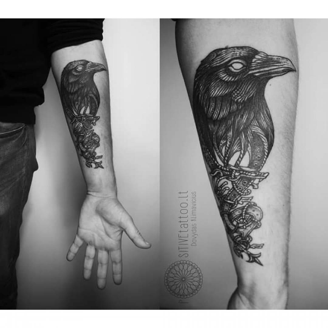 Dramatic Black and White Steampunk Raven Tattoo Tattoo Design