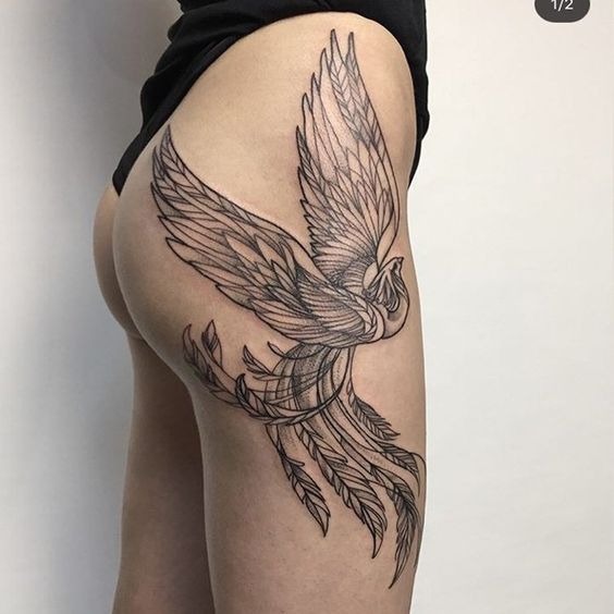 Exquisite Black and White Phoenix Hip Tattoo Tattoo Design
