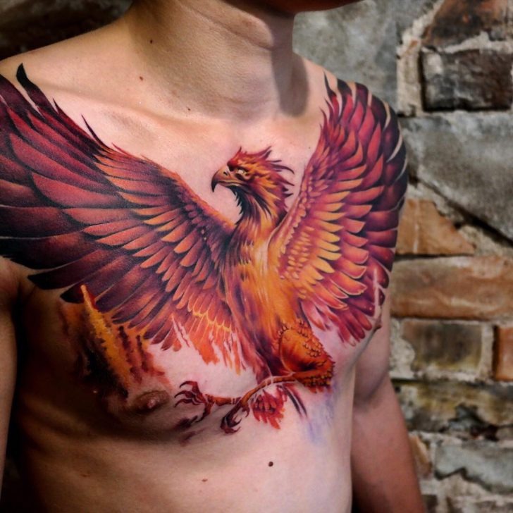 Fiery Red Phoenix Full Chest Tattoo Tattoo Design