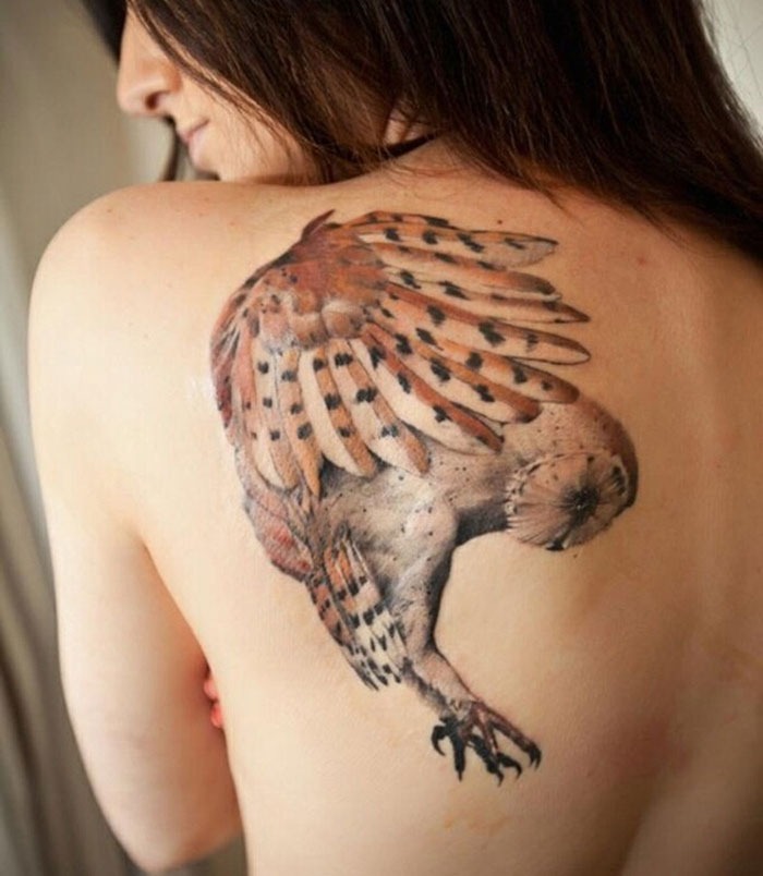 Flying Owl Shoulder Tattoo in Natural Color Tattoo Design