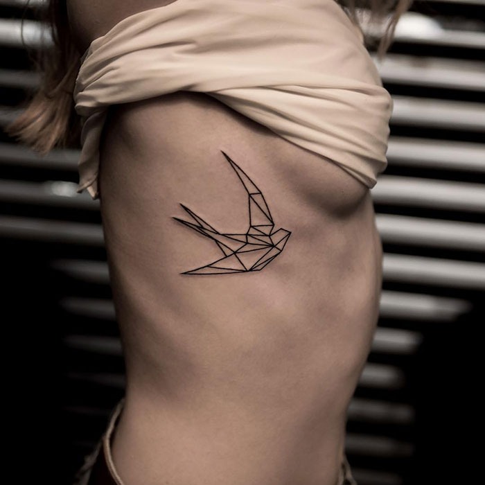 Geometric Black and White Bird Ribs Tattoo Tattoo Design