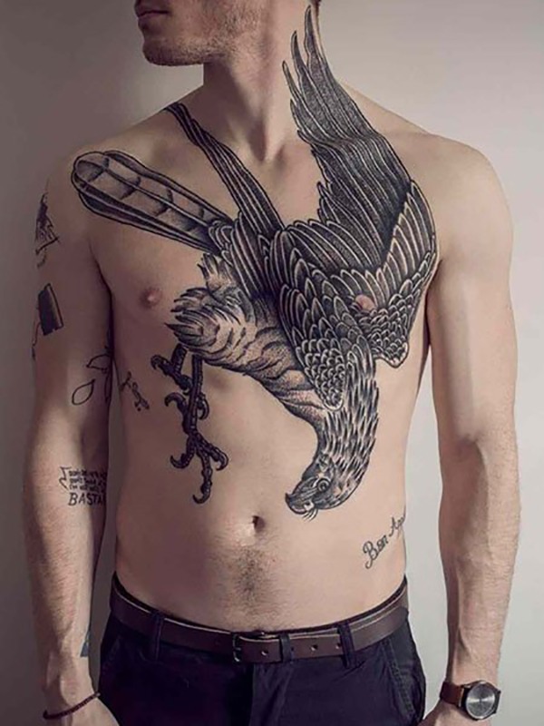 Giant Grayscale Hawk Tattoo on Chest Tattoo Design