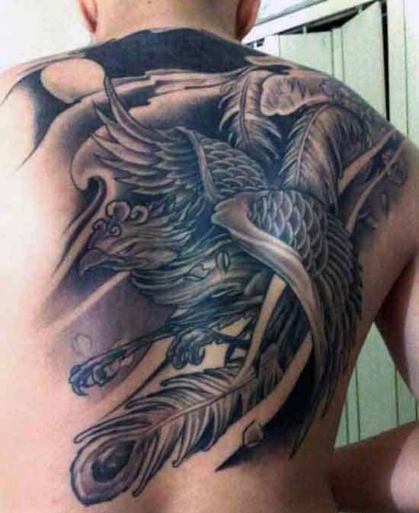 Grayscale Phoenix and Feathers Back Tattoo Tattoo Design