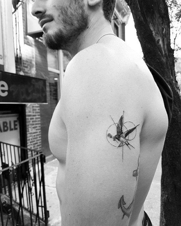 Grayscale Swallow with Rose and Circles Tattoo Tattoo Design