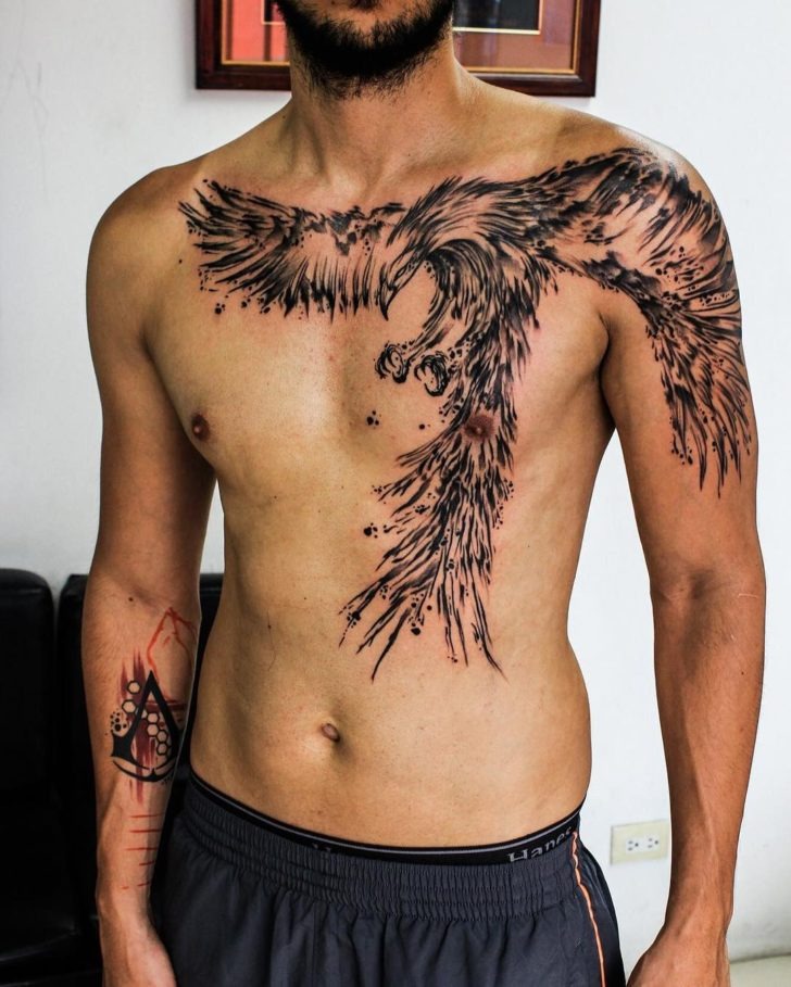 Heavily Feathered Black and White Phoenix Tattoo Tattoo Design
