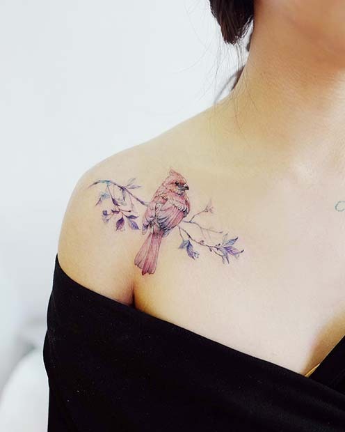 Naturally Colored Cardinal on Branch Shoulder Tattoo Tattoo Design