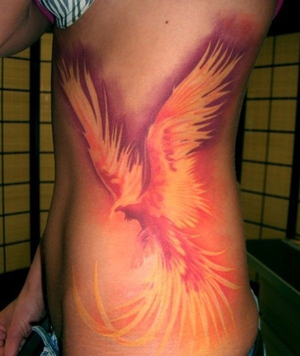 No Outline Vibrant Phoenix Tattoo on Side Tattoo Design