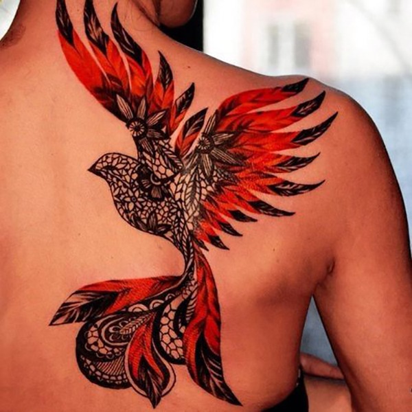 Ornate Black and Red Bird Back Tattoo Tattoo Design