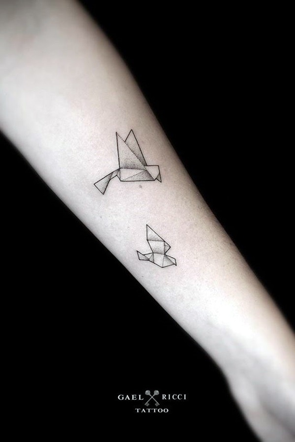 Pair of Origami Birds Flying in Grayscale Tattoo Design