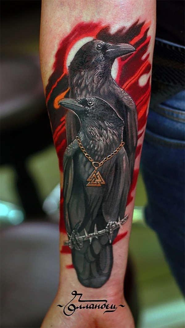 Pair of Ravens in Red Sky Tattoo Tattoo Design