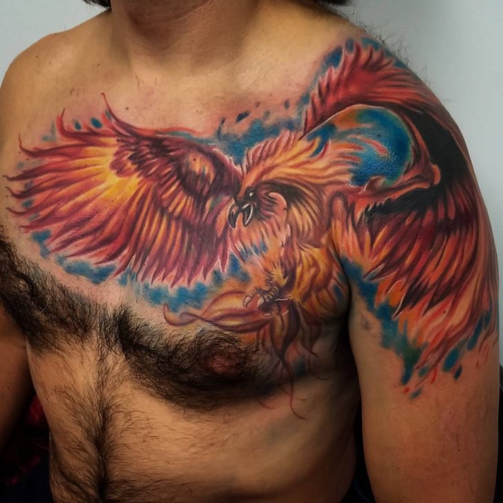 Rising Red Phoenix with Blue Accents Tattoo Tattoo Design