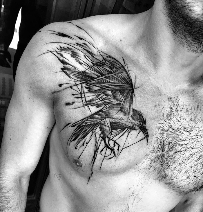 Sketch Style Raven Tattoo in Grayscale Tattoo Design