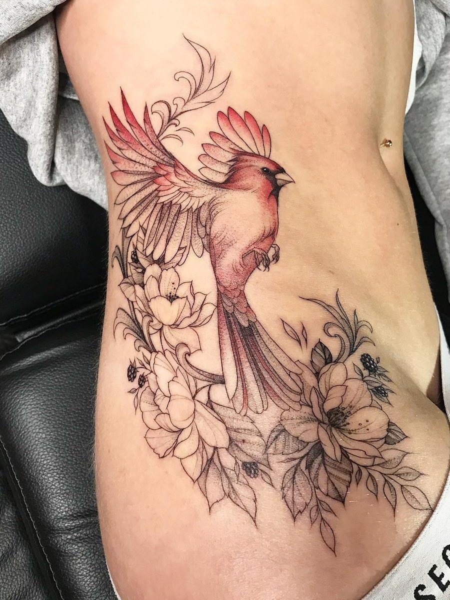 Subtly Colored Cardinal and Floral Side Tattoo Tattoo Design